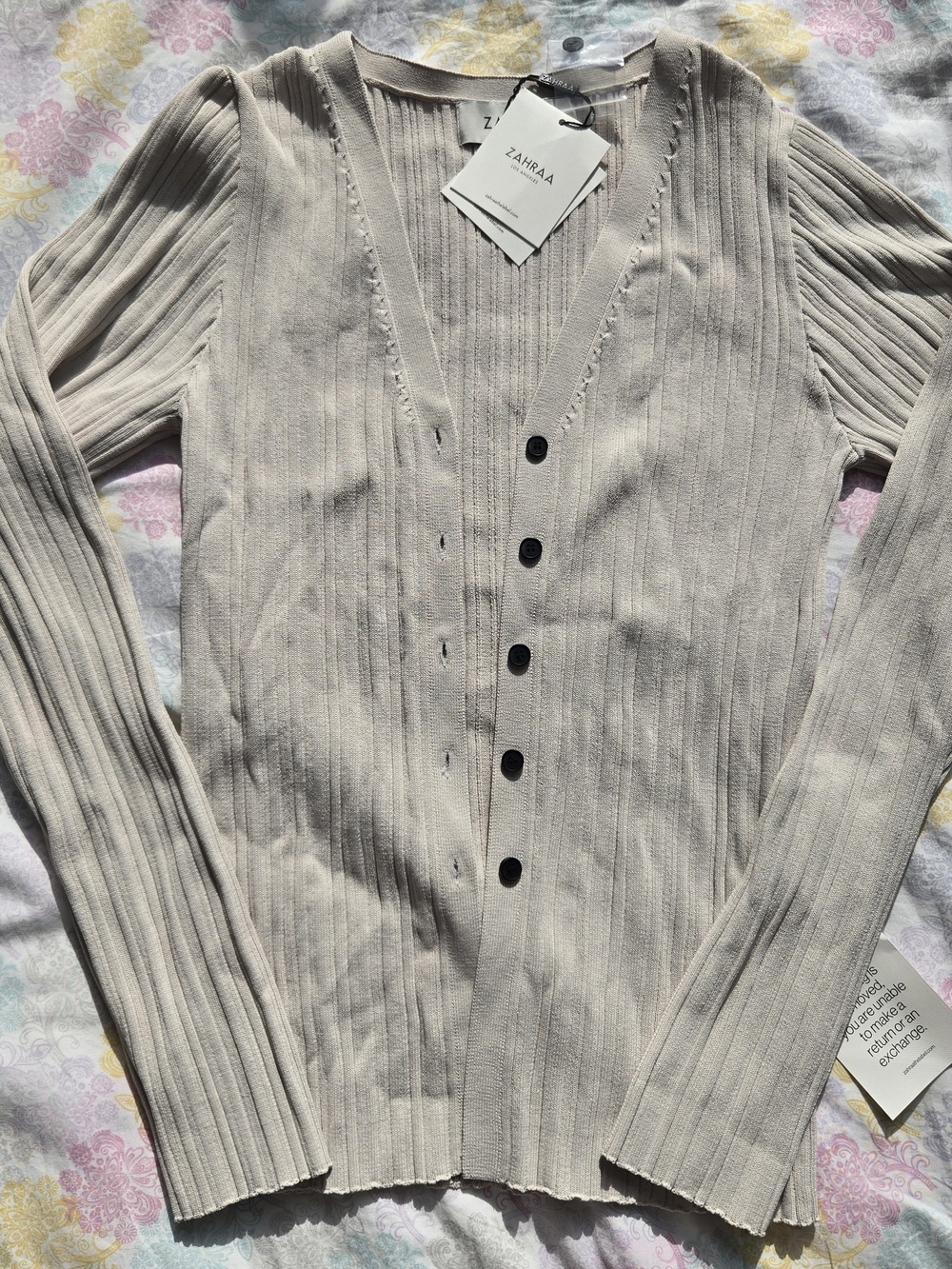 Zahraa Ezra long sleeve ribbed knit cardigan, stone color, brand new, Size M